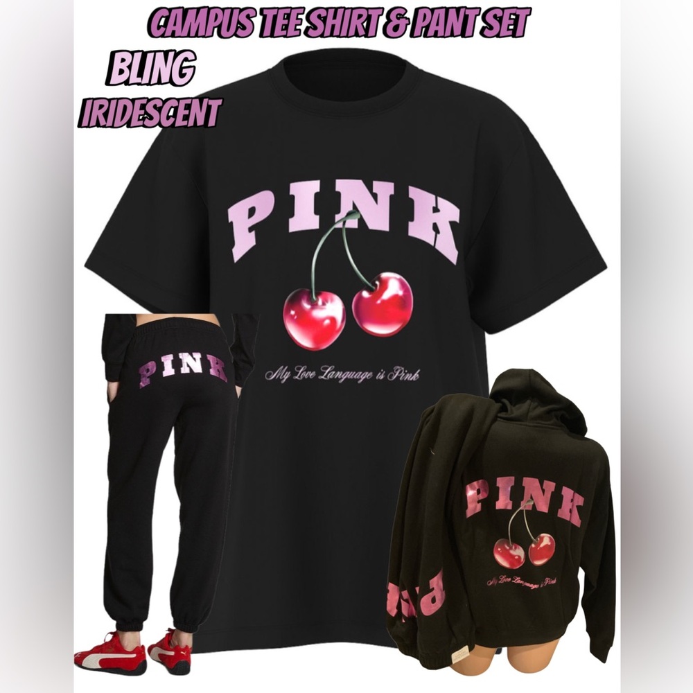 NEW VICTORIAS SECRET PINK BLING CAMPUS TEE SHIRT & JOGGERS L/XL VALENTINES GIFT